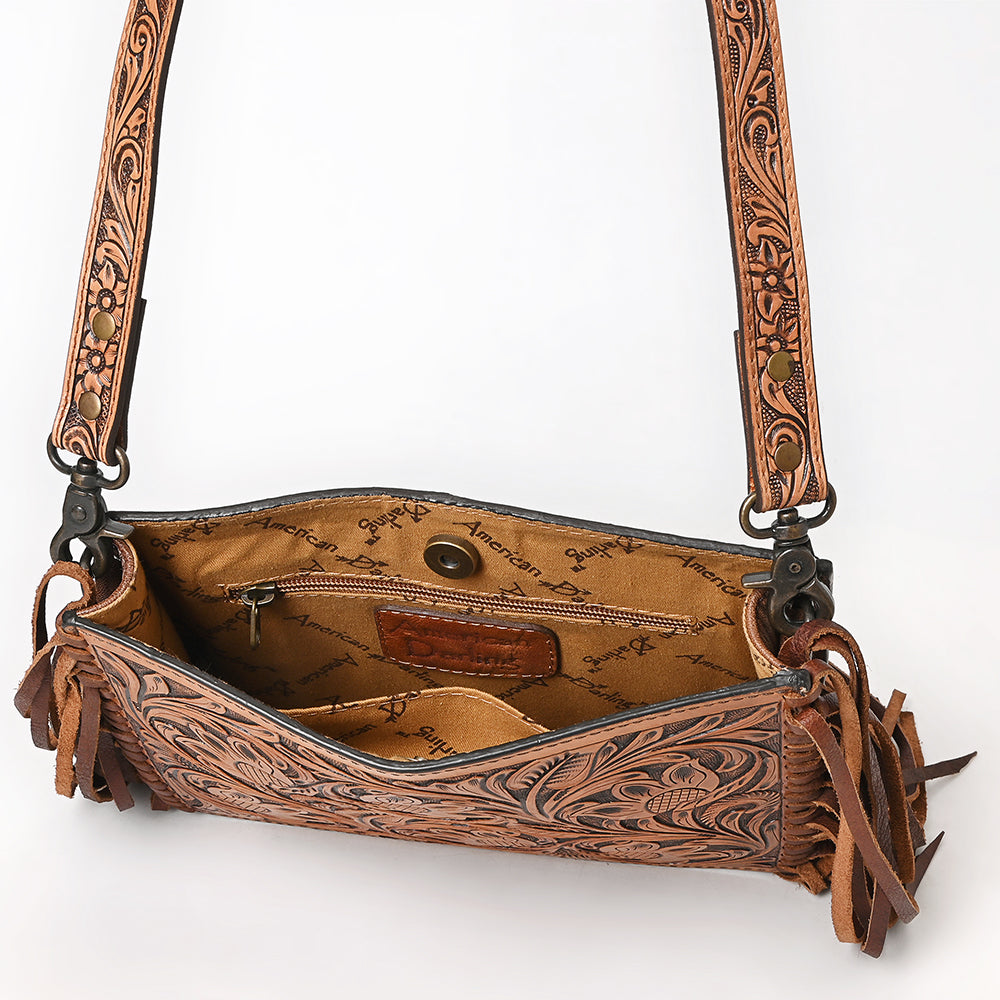 ADBG324 Hand-Tooled Leather Messenger Bag with Floral Carving and Fringe Strap
