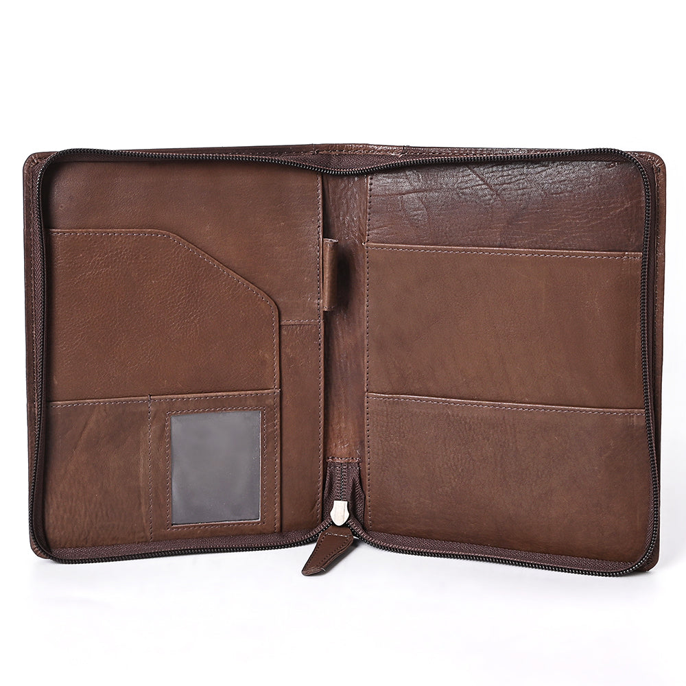 ADBGM768 Hand-Tooled Leather Portfolio - Western Floral Carved Clutch in Chestnut Brown
