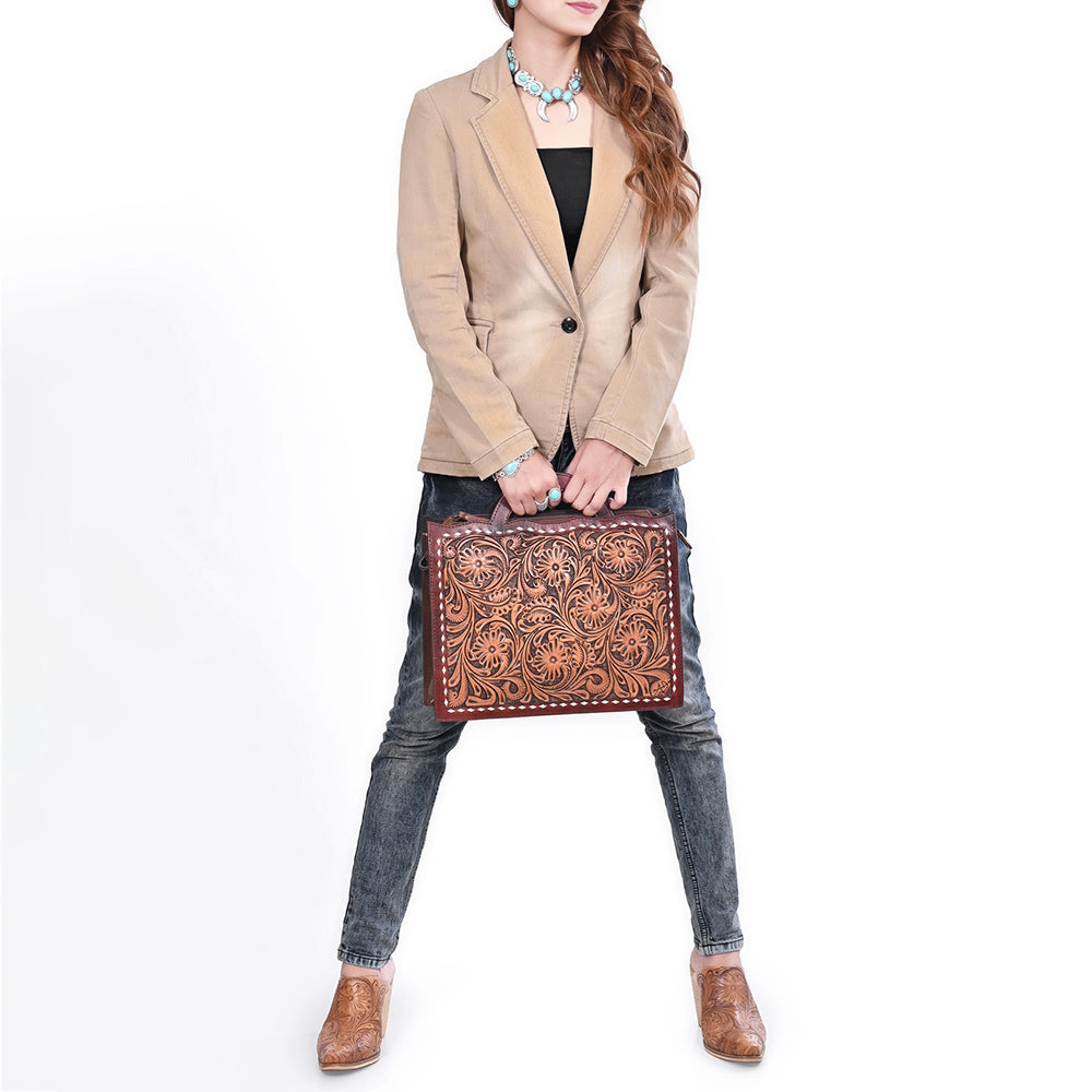 ADBG1801 American Darling Hand Tooled Floral Carved Leather Western Briefcase Bag