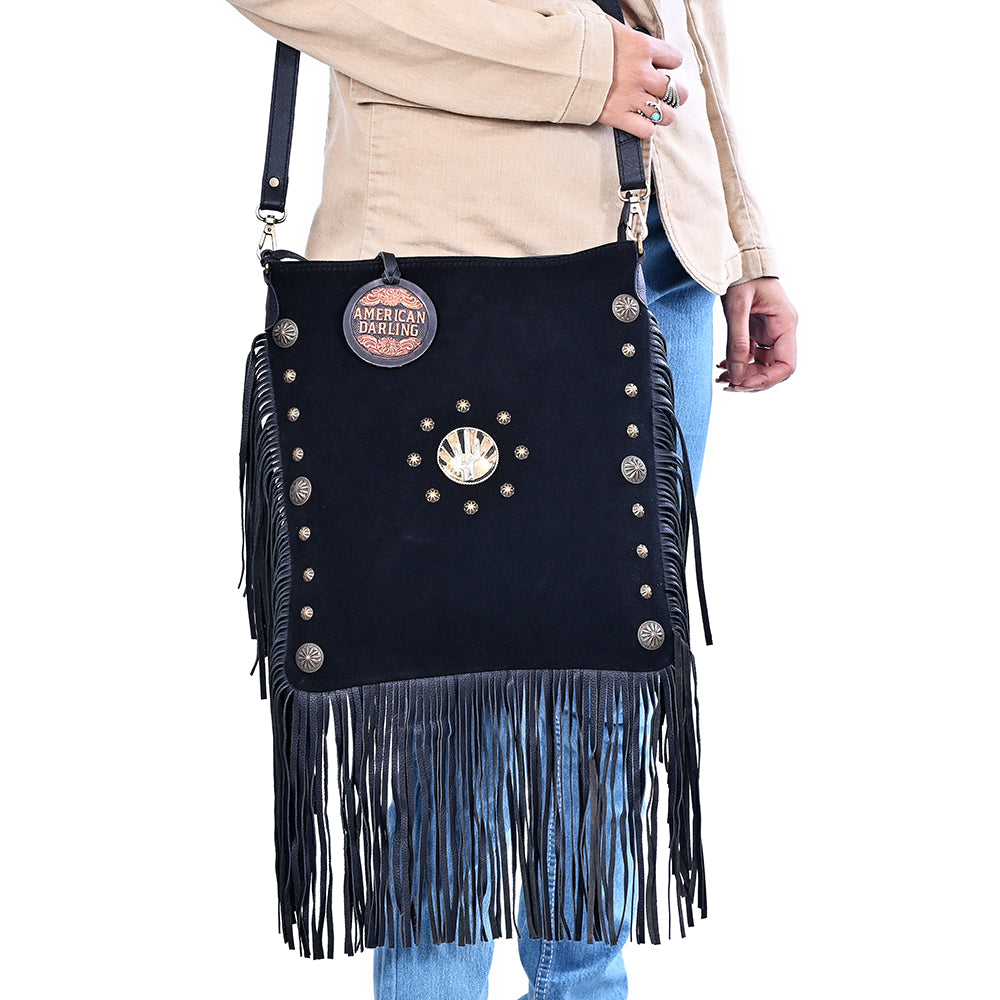 ADBGA879 American Darling Western Suede Large Cross body Bag with Fringes and Concho