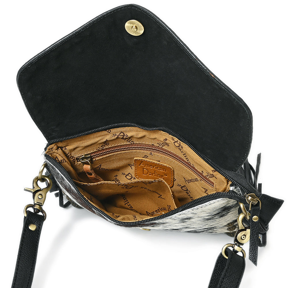 ADBGA886 American Darling Hand Tooled Floral Cross body Bag with Hair-On Cowhide & Fringes