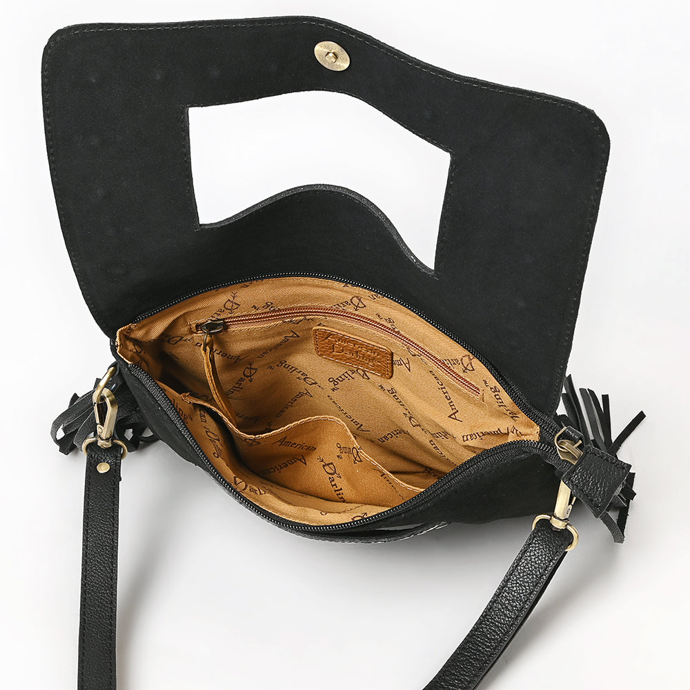 ADBGA906 Black Genuine suede Crossbody Bag - Tooled Leather Inlay with Fringe & Concho Studs