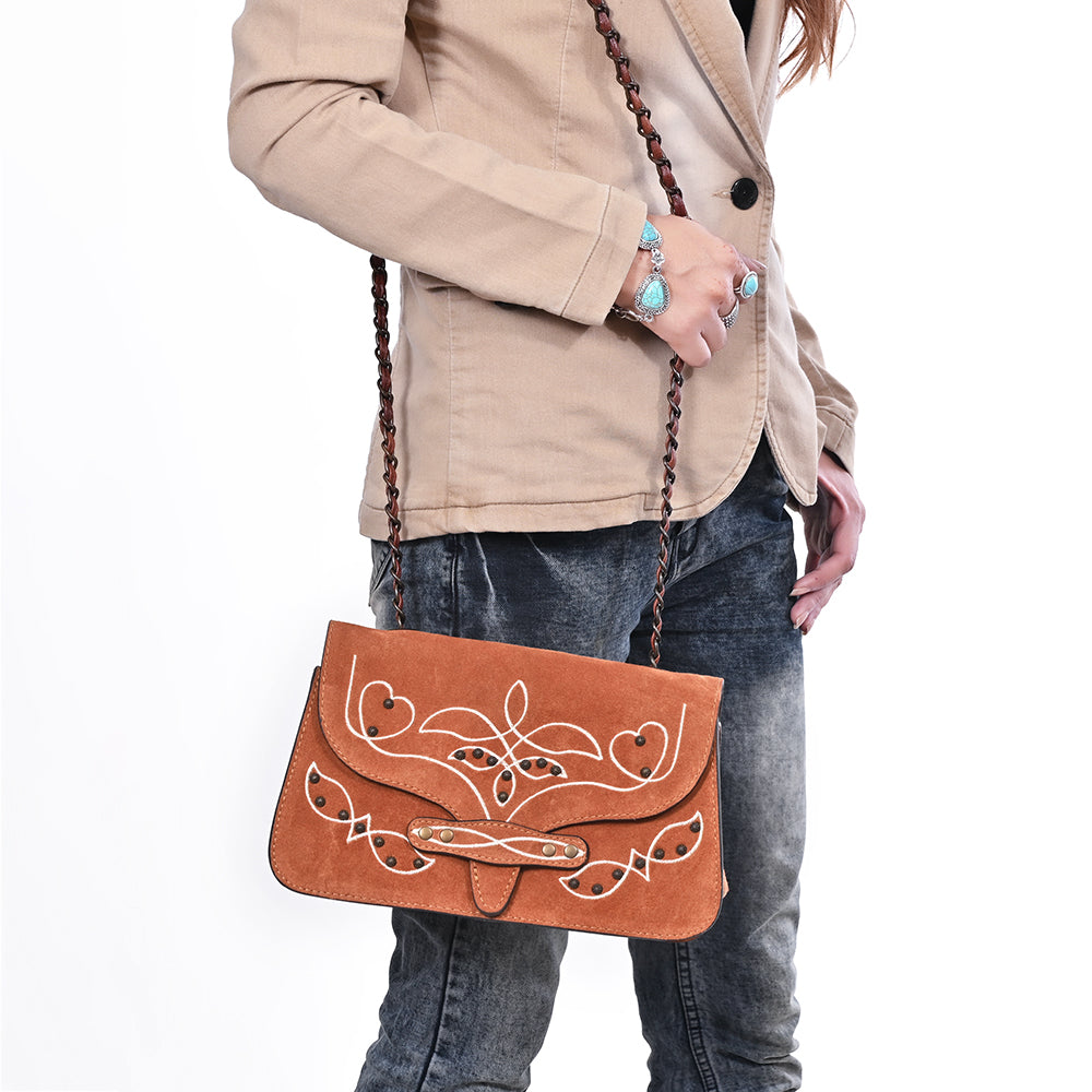 ADBG1832 American Darling Western Cross body Bag with Rivetted Genuine Suede Leather & Embroidery