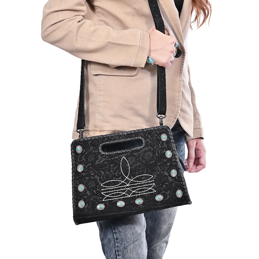 ADBG1835 American Darling Floral embossed Western Leather Clutch Damascus Bag with Turquoise Accents