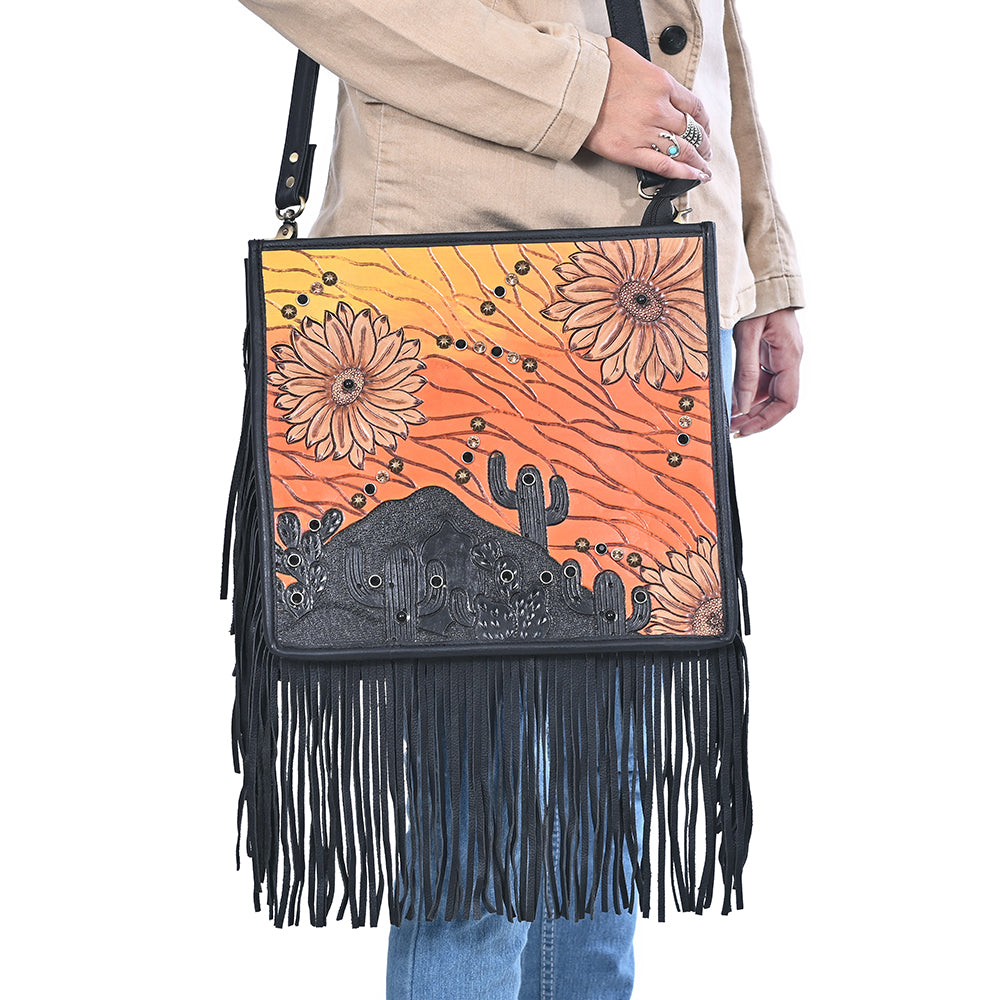 ADBGA938 American Darling Western Hand Tooled Floral Cross body Bag with Long Leather Fringes