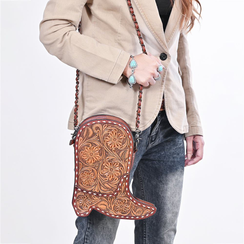 ADBG1846 American Darling Western Leather Cross body Bag - Hand-Tooled Floral Shoe Shape Crossbody