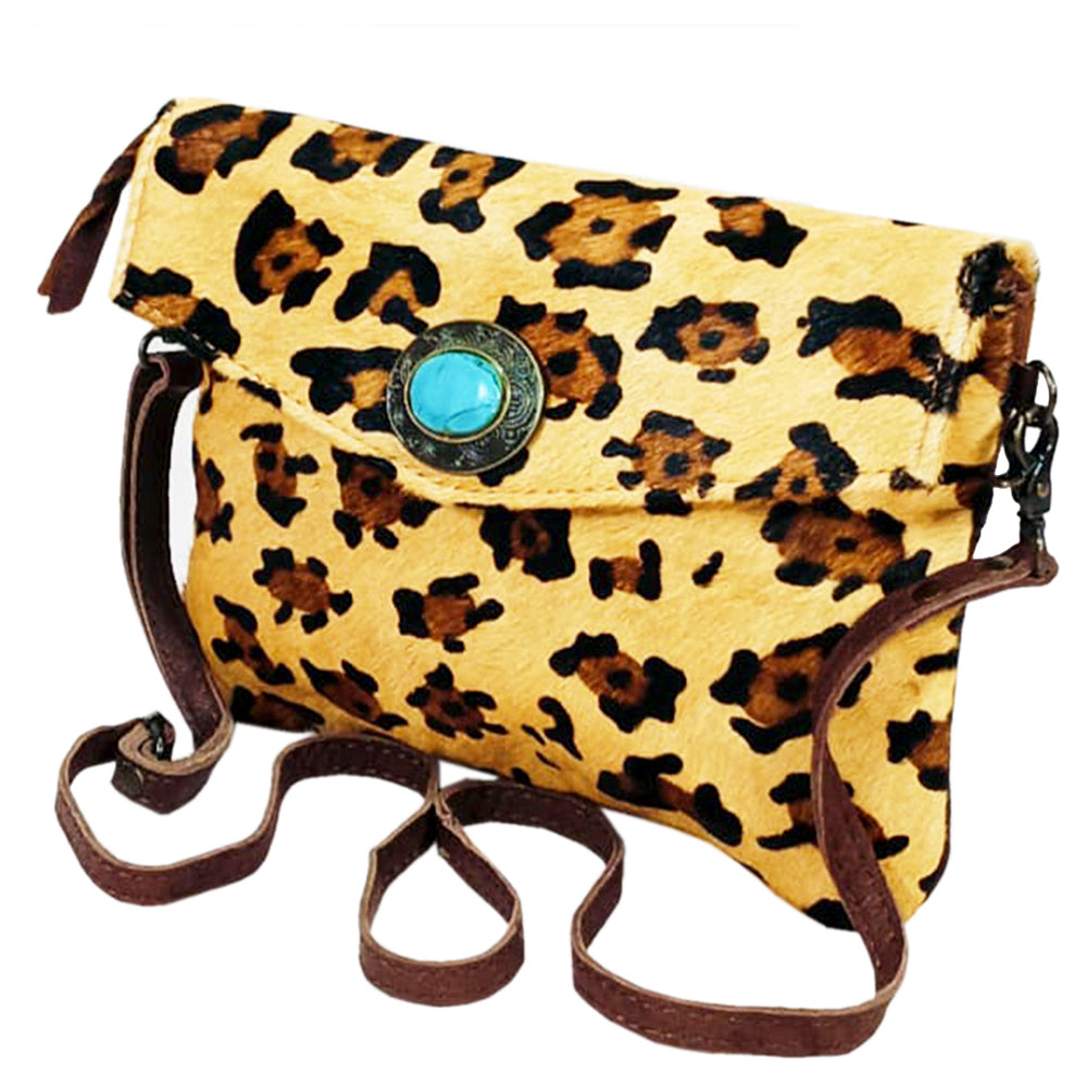 GIBGX1571 American Darling Western Leather Envelope Bag Hair-On Cowhide Turquoise Concho Crossbody