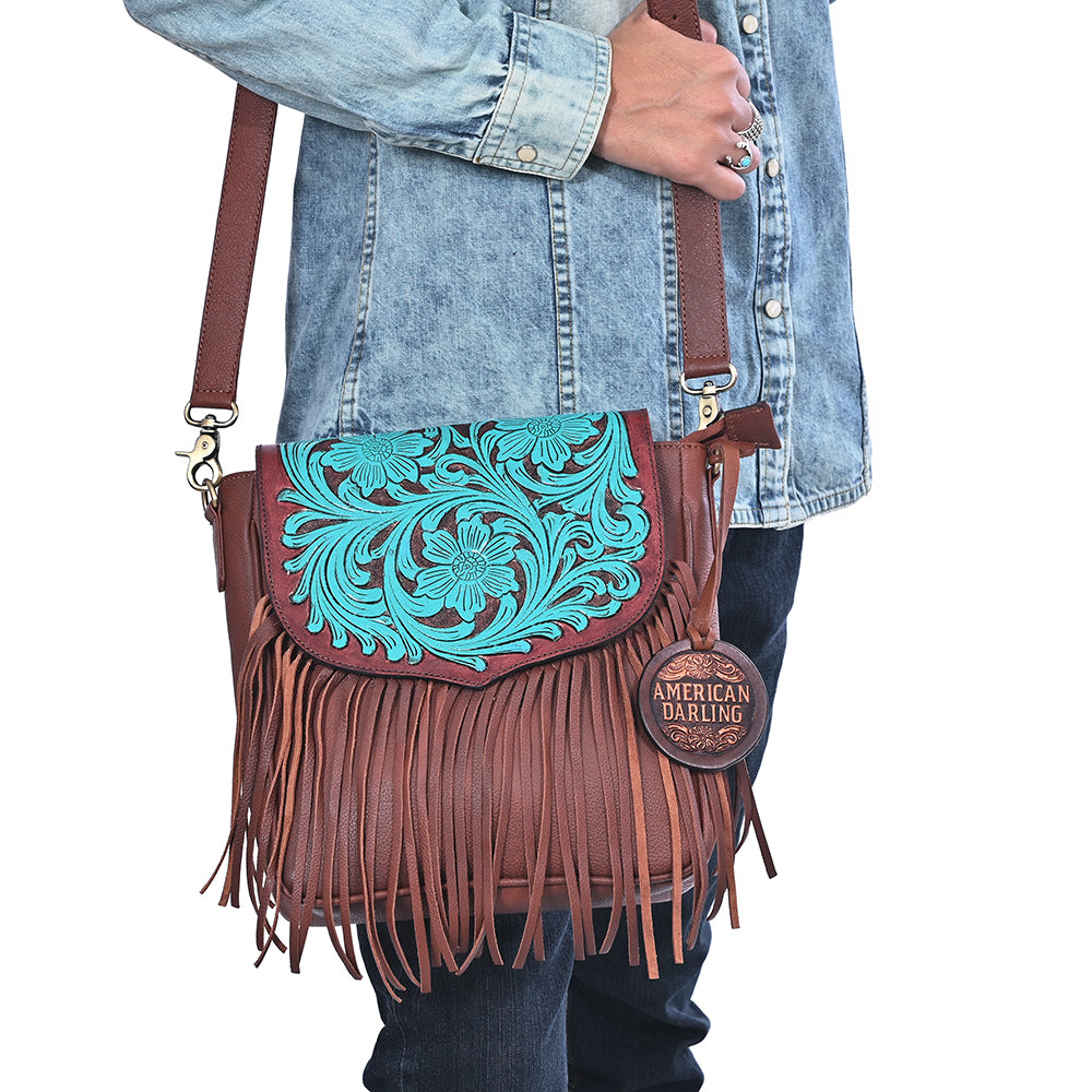 ADBGA1025 American Darling Handcrafted Hand Tooled Leather Western Cross body Bag with Fringes