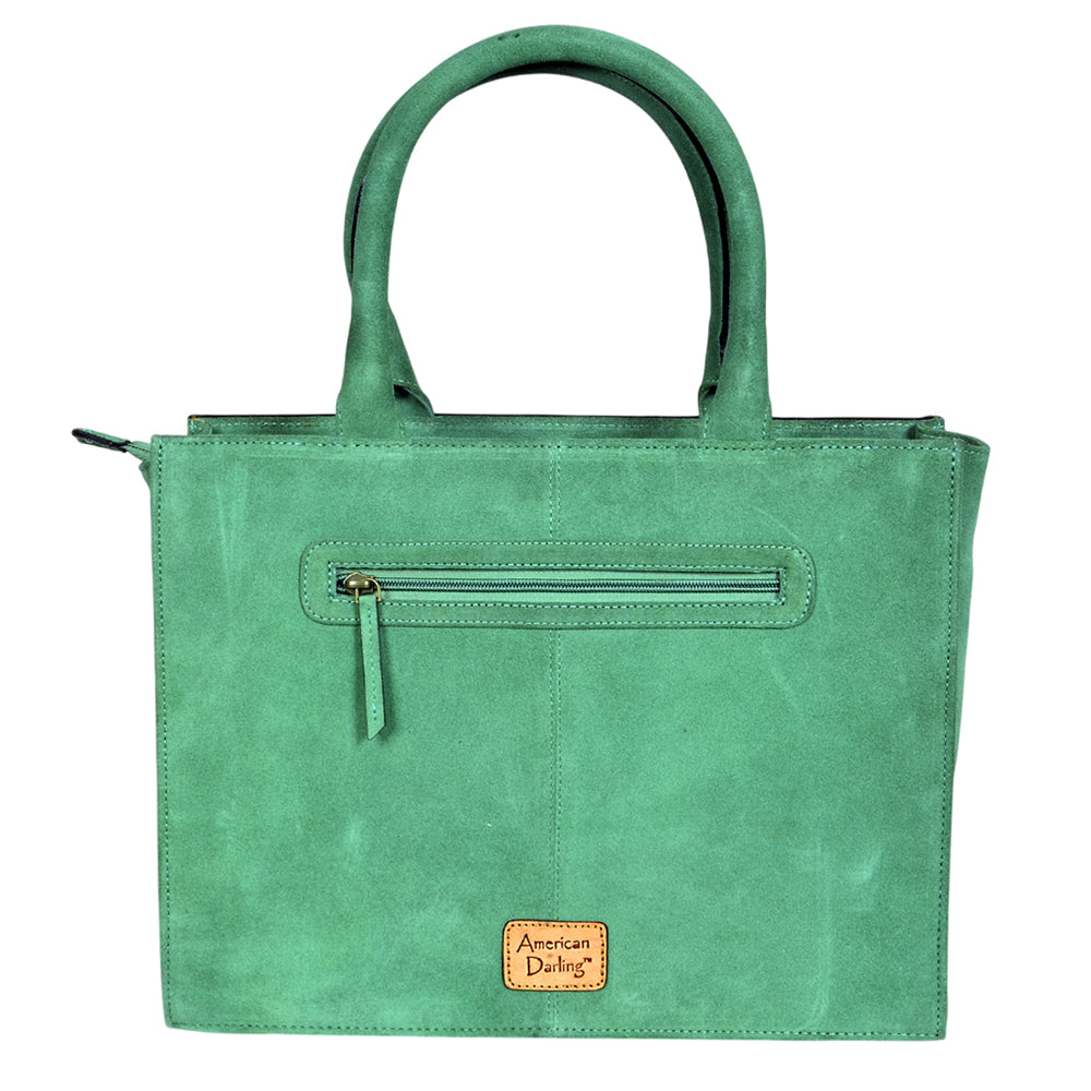 ADBGA1083 American Darling Teal Suede & Hand-Tooled Leather Horseshoe Western Tote