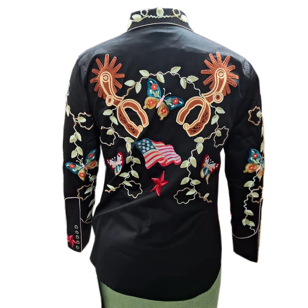ADSH047 American Darling Black Western Apparel - Embroidered Cotton Satin Butterfly Shirt