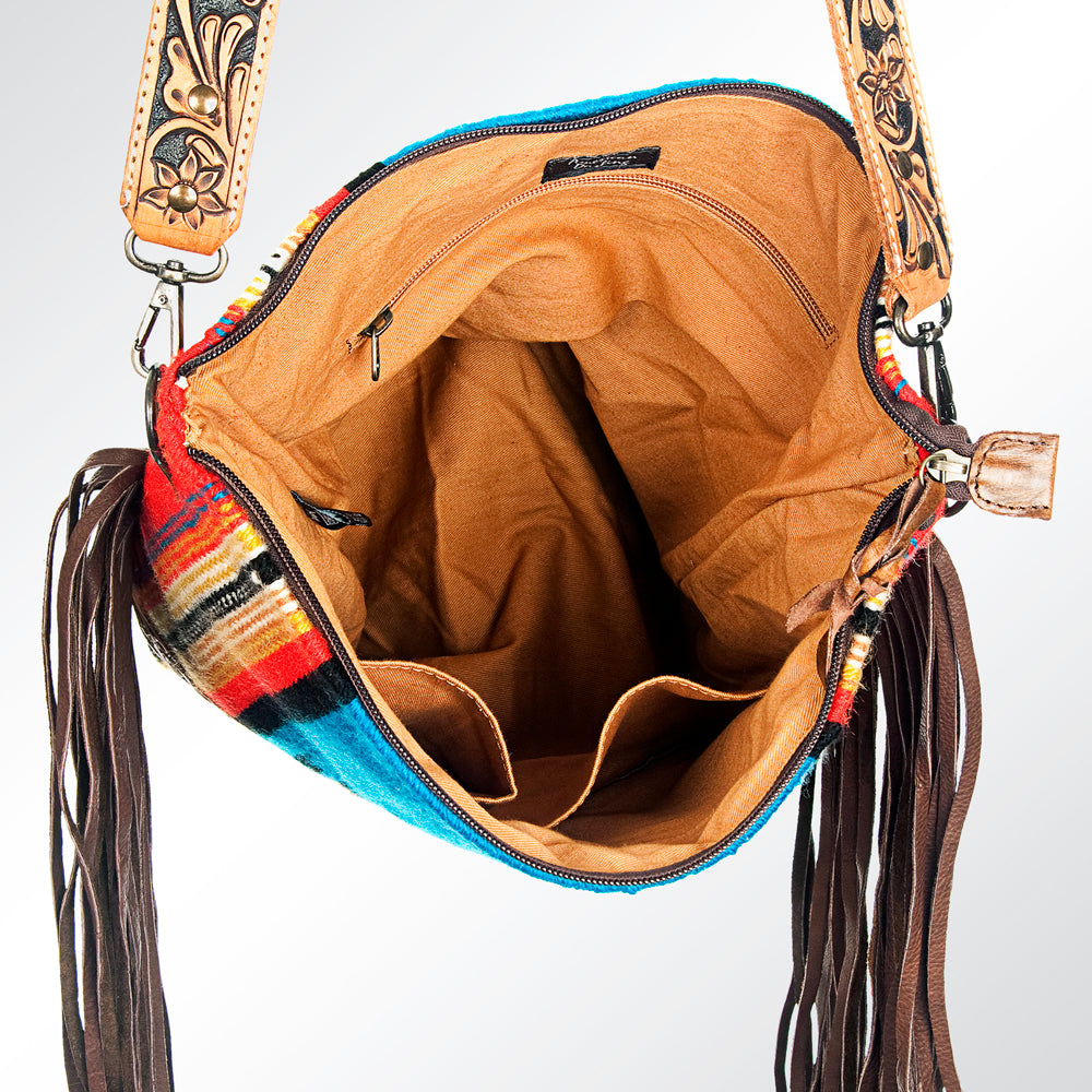ADBG213 American Darling Large Cross body Bag - Hand Tooled Floral Leather & Woven Saddle Blanket