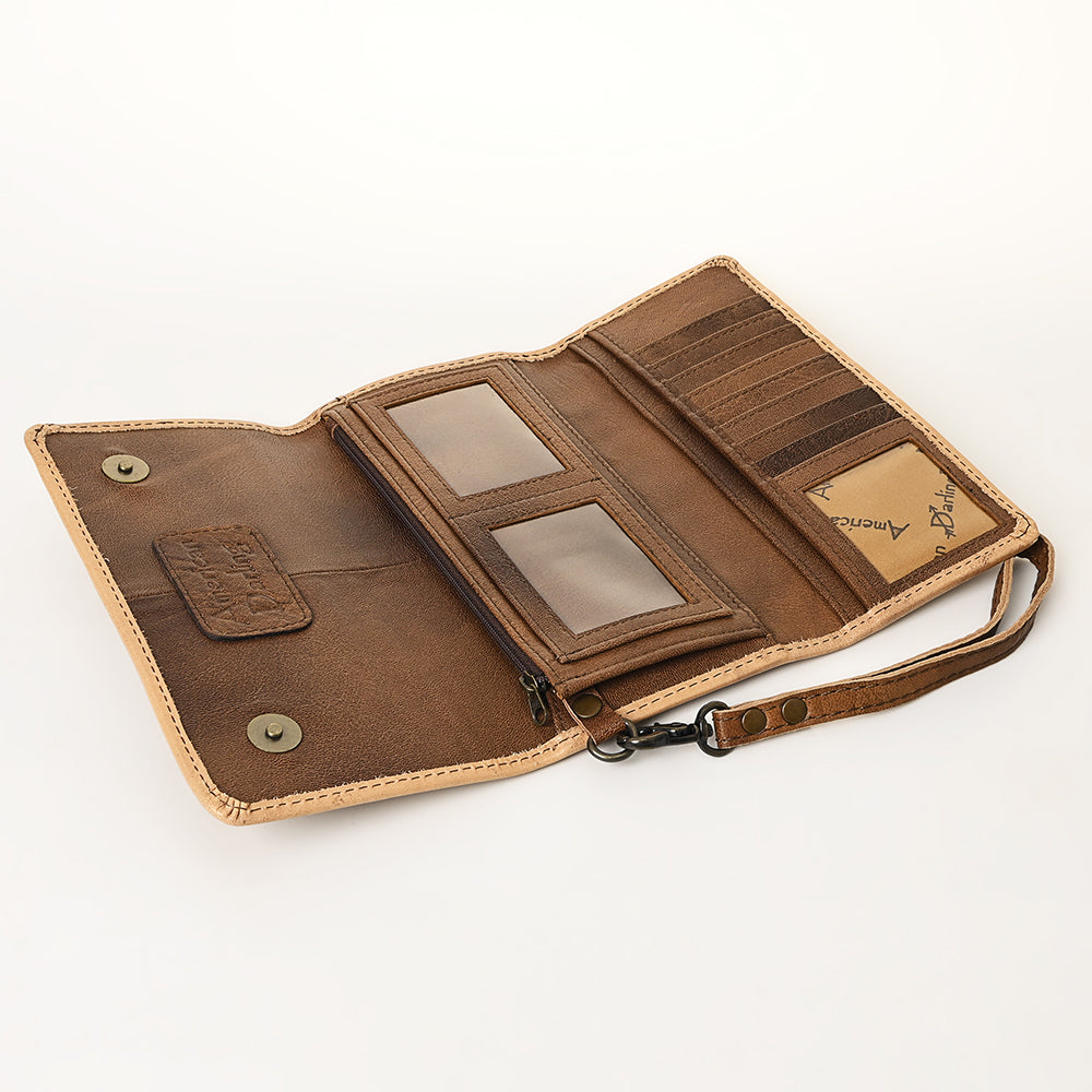 ADBG1311 American Darling Hand-Tooled Leather Trifold Wallet -Floral Carved Wristlet