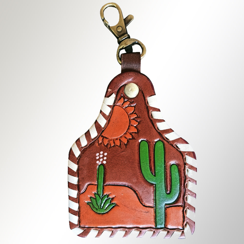 LC-ADKRX114 Hand-Tooled Leather Keyring Desert Cactus & Sun Landscape with White Laced Border