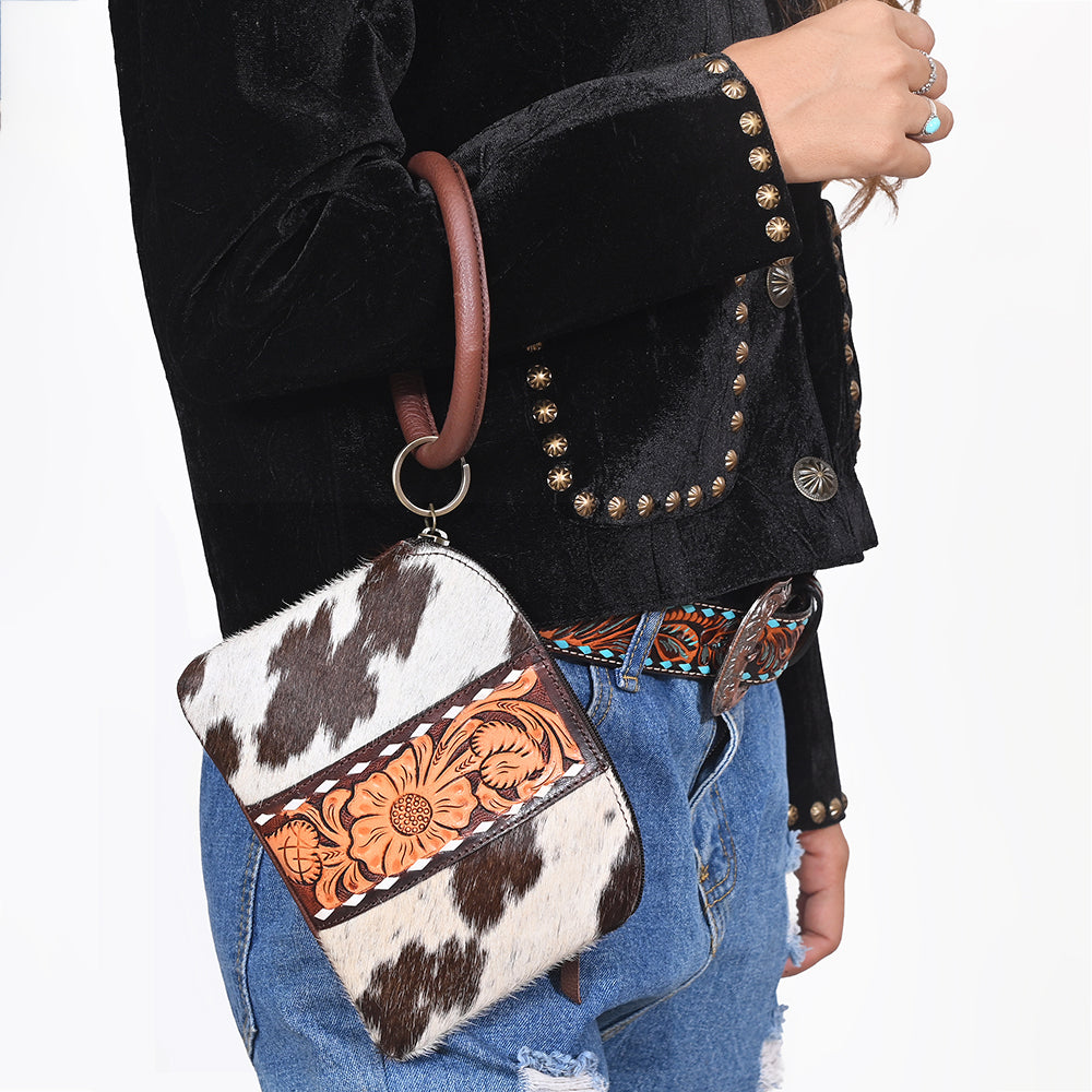 ADBG1287 American Darling Hair-on Cowhide Hand-Tooled Clutch Bag -O-Ring Western Wristlet