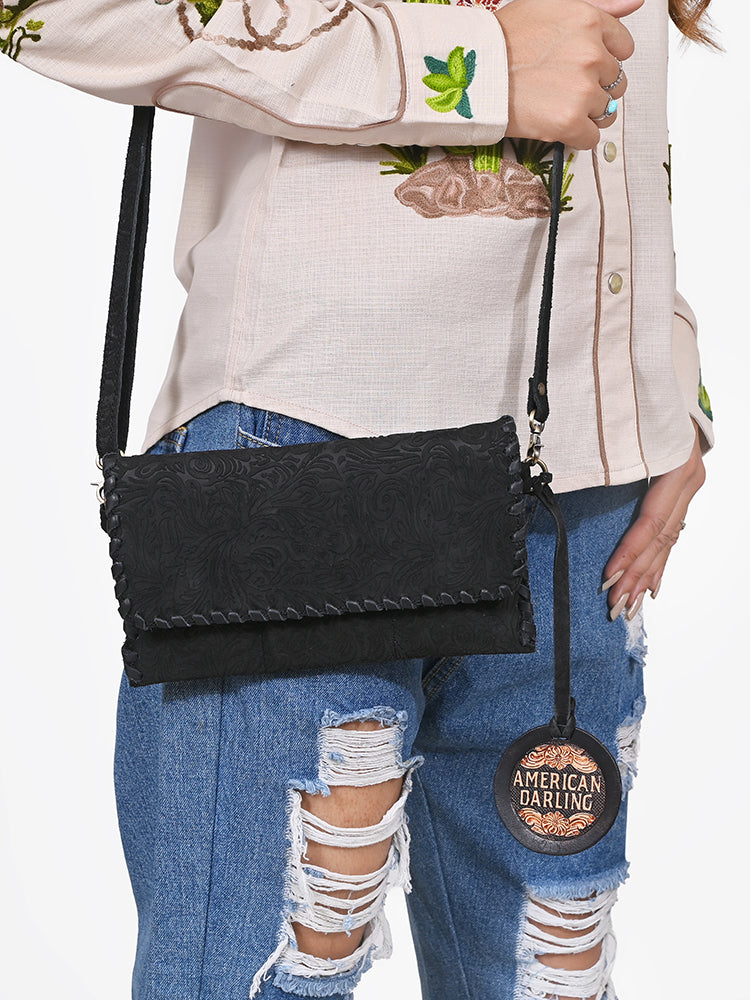 ADBG1645 American Darling Western Leather Small Cross Body Bag with Braided Detailing Damascus