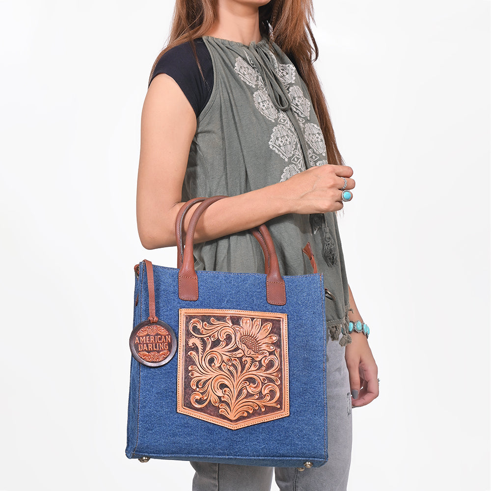 ADBGA1020 Tote Hand Tooled Denim Fabric Genuine Leather Women Bag