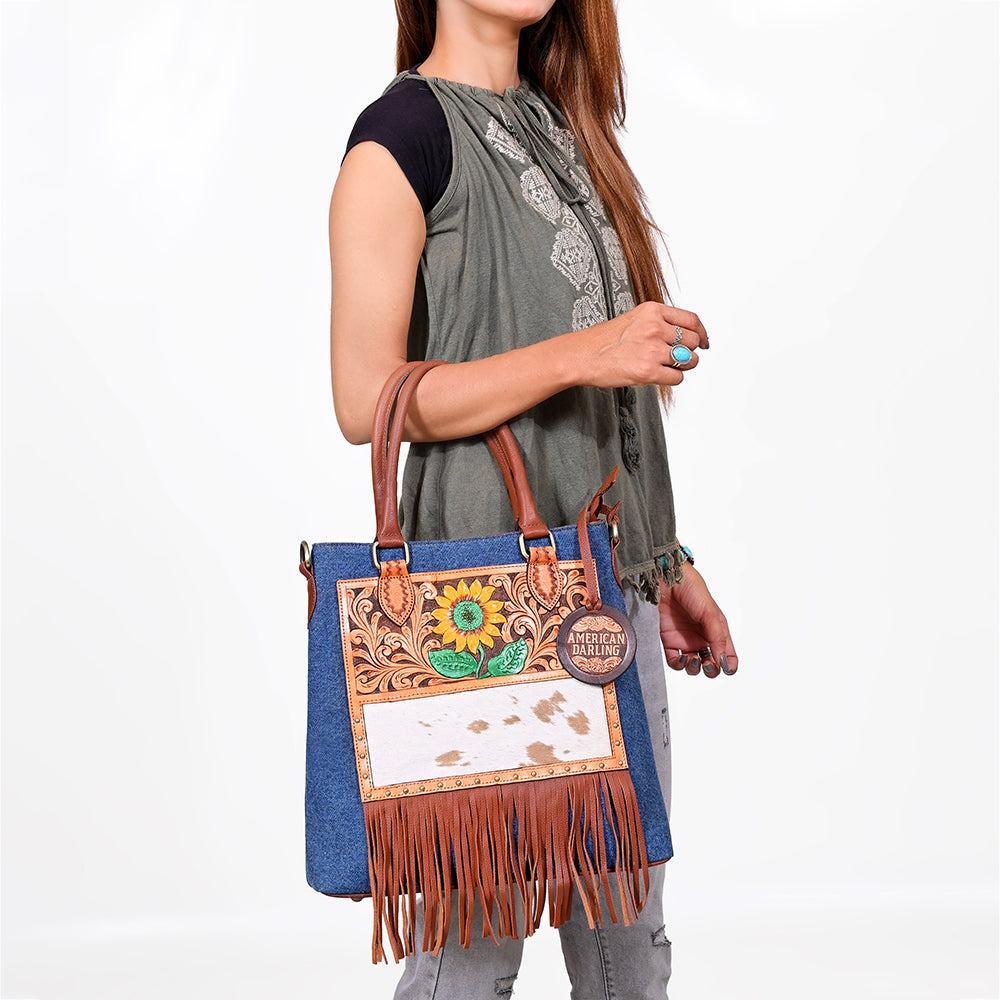 ADBGA1039 Crossbody Hand Tooled Denim Fabric Genuine Leather Women Bag
