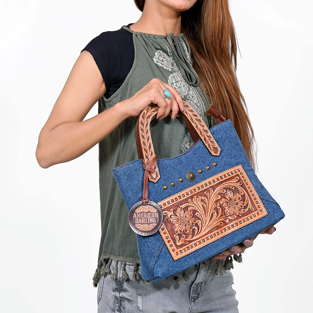 ADBGA988 American Darling Denim, Harness & Floral Tooled Leather Tote Handbag