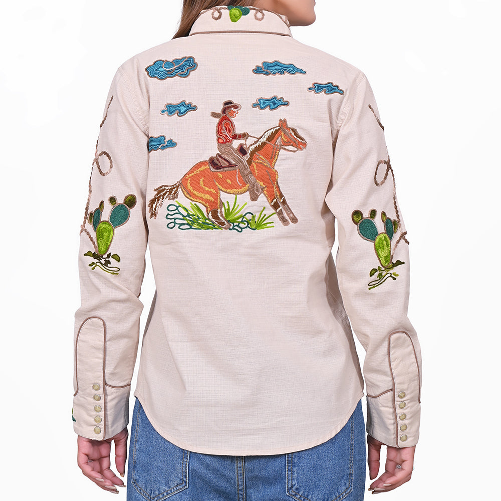 ADSH053 American Darling Light Beige Western Apparel - Embroidered Cotton Linen Desert Motif Shirt