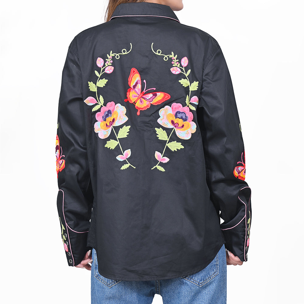 ADSH068 American Darling Black Western Apparel - Embroidered Satin Cotton Floral Butterfly Shirt