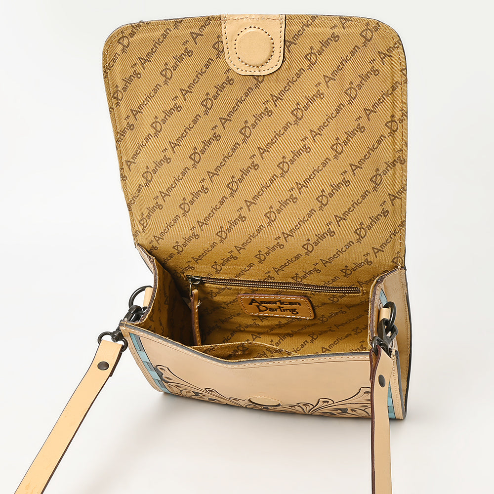 ADBGZ693 Hand-Tooled Leather Western Crossbody Bag - Floral Carving in Natural Tan