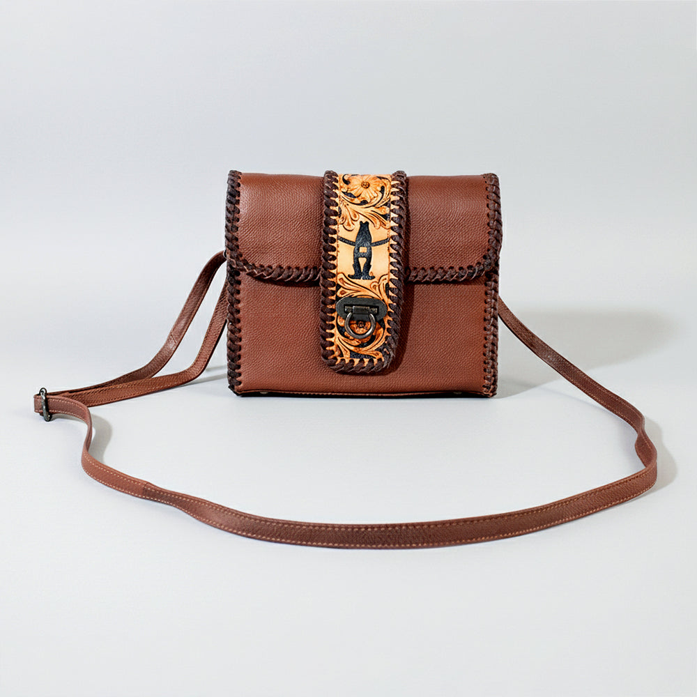 Laurel Rodeo Genuine Hand Tooled Brown Leather Crossbody Bag