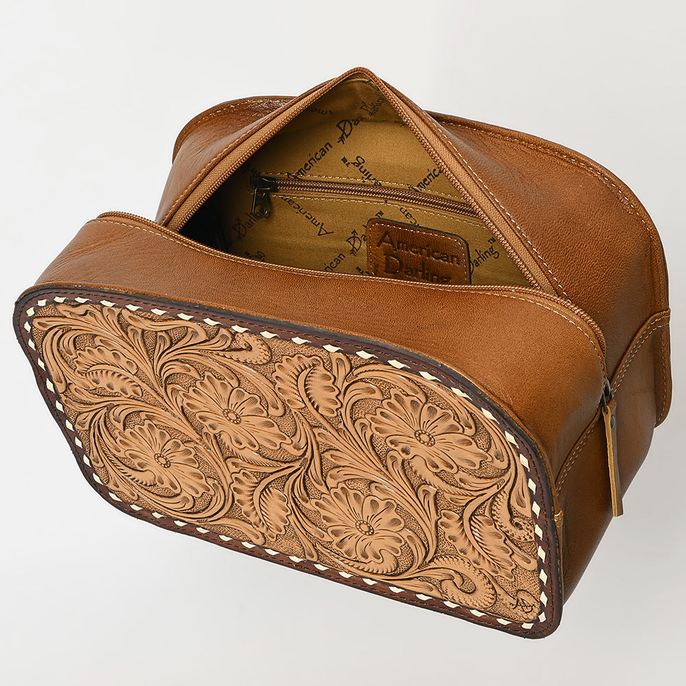 ADBG1509 American Darling Hand-Tooled Western Leather Toiletry Bag - Genuine Floral Carved Travel Case