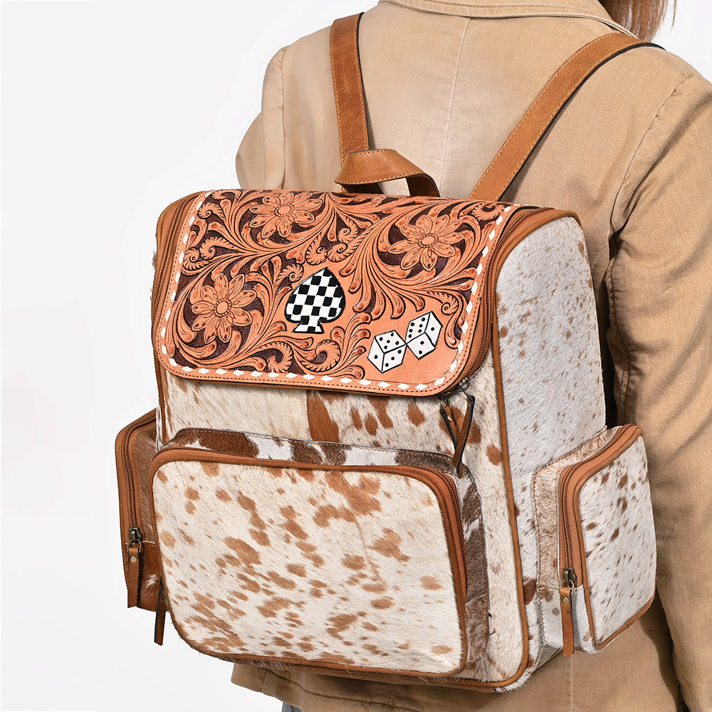 OHA158 Backpack Hand Tooled Hair on Genuine Western Leather Women Bag