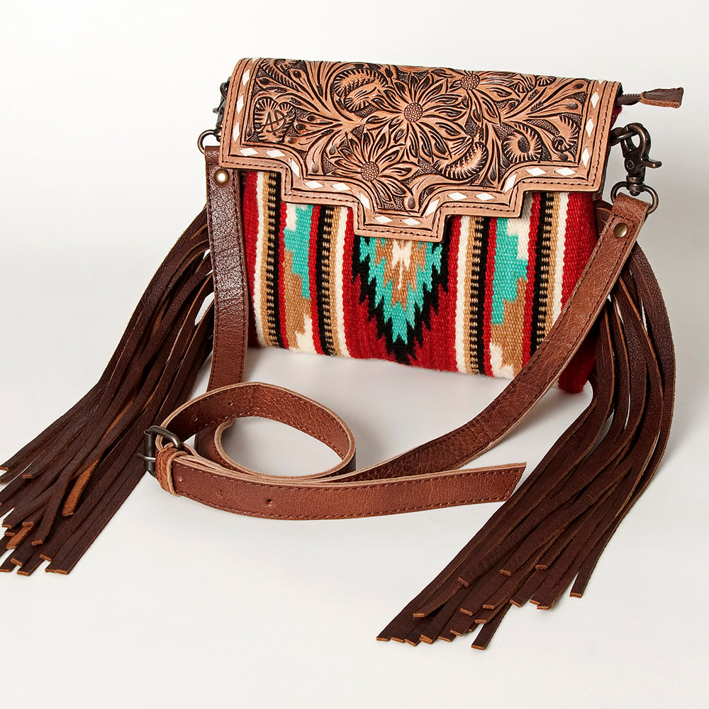 ADBG587 Western Tooled Leather Crossbody Bag with Fringe and Woven Fabric