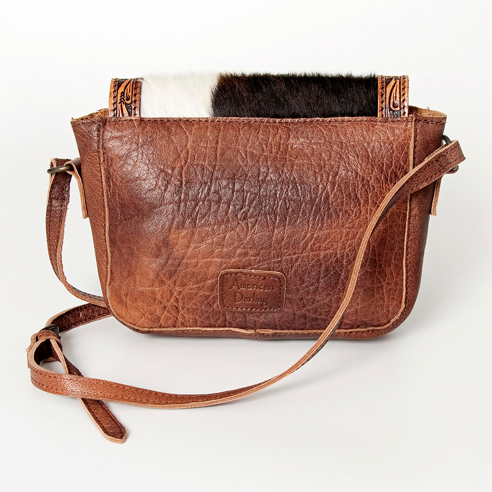 ADBG824 American Darling Hand Tooled Leather Cross body Bag with Hair-On Cowhide and Turquoise Concho
