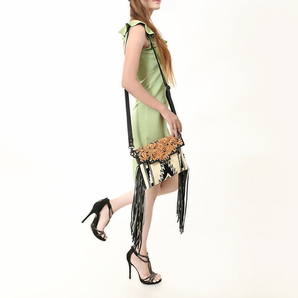 ADBG587 Western Tooled Leather Crossbody Bag with Fringe and Woven Fabric