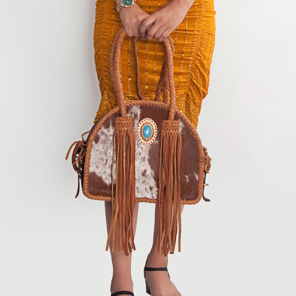 LC-ADBGD162B Round Hair-On Cowhide Leather Western Tote Bag with Turquoise Concho & Braided Fringe