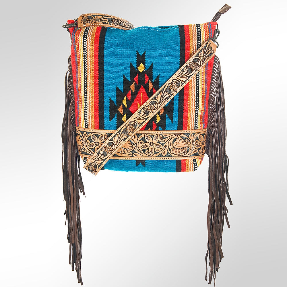 ADBG213 American Darling Large Cross body Bag - Hand Tooled Floral Leather & Woven Saddle Blanket