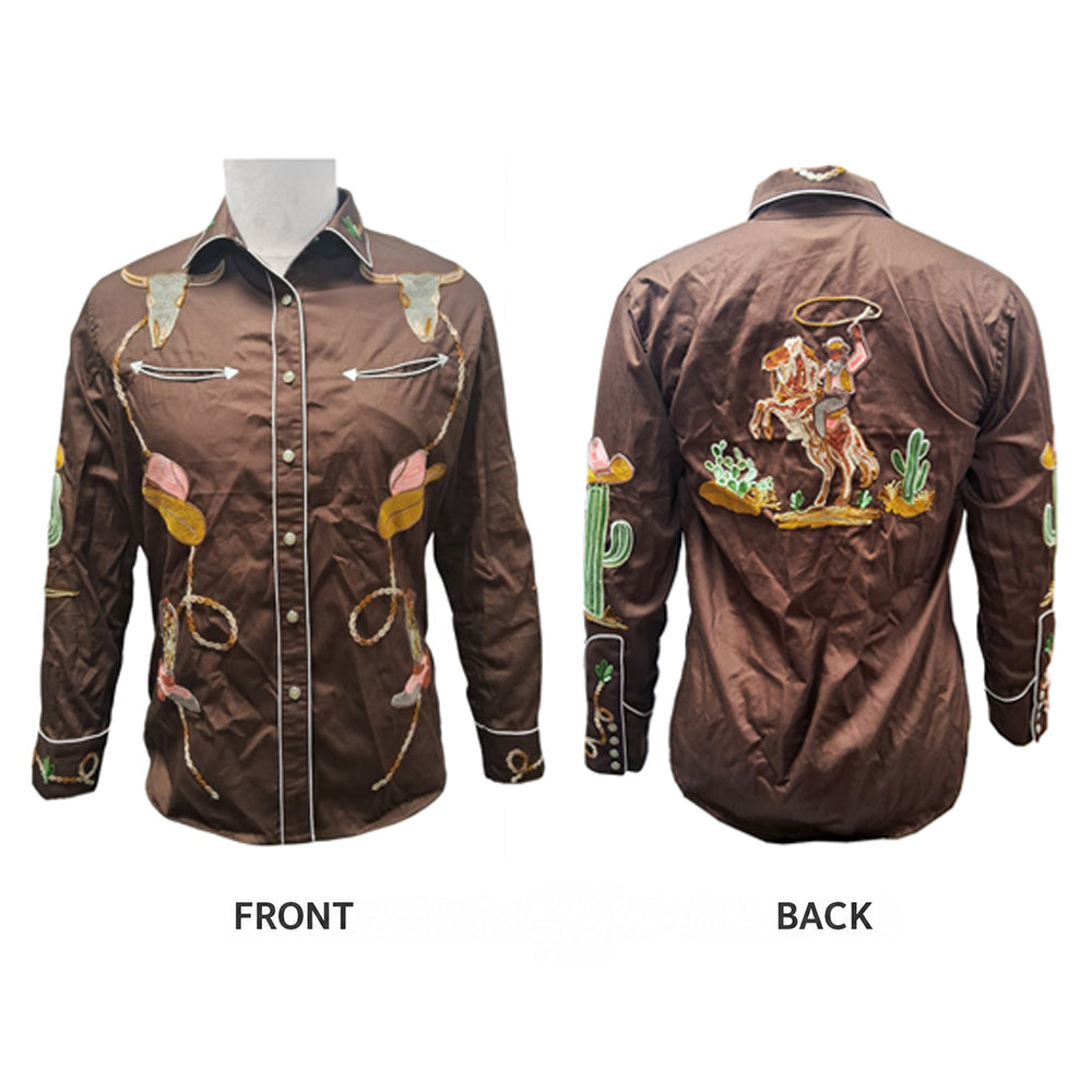 ADSH072 American Darling Brown Western Apparel - Embroidered 100% Twill Cotton Bull Skull Top