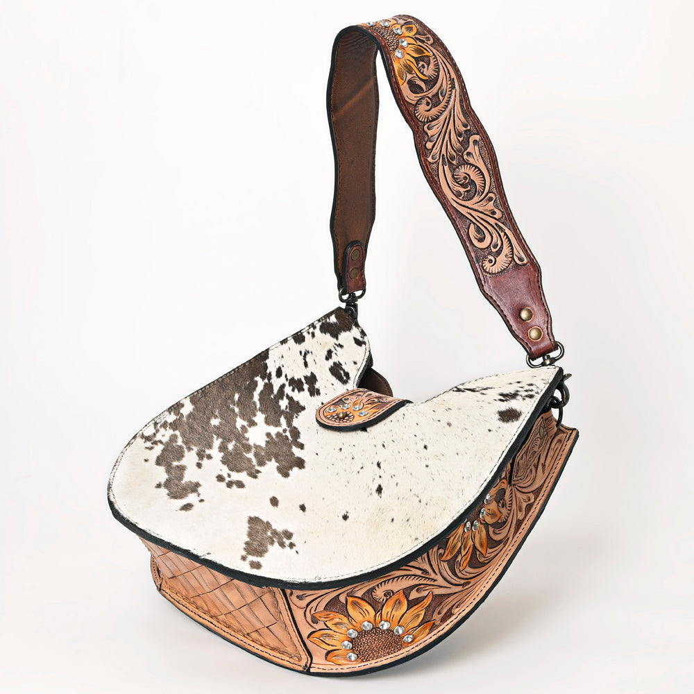 ADBG1076 American Darling Hair-on Cowhide Hobo Bag with Tooled Floral Strap Western Genuine Leather Purse