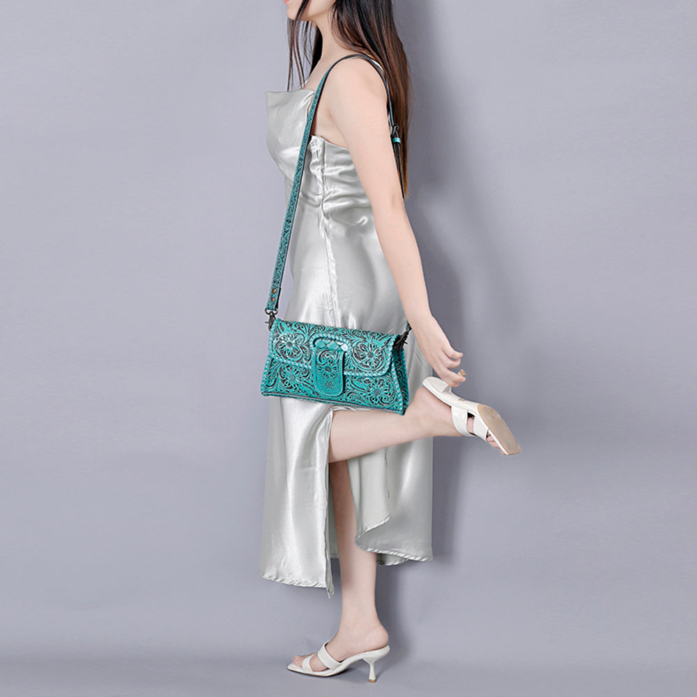 ADBG1134 American Darling Hand Tooled Floral Leather Wallet Bag Clutch & Crossbody Handbag