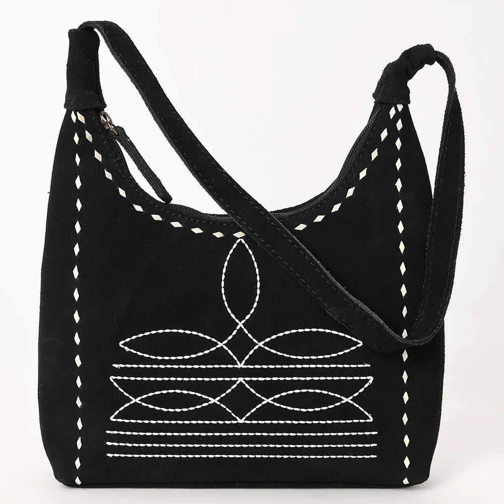 ADBG1617A American Darling Western Genuine Suede Leather Black Hobo Bag with Craftsmanship & Boot Stitch Detailing