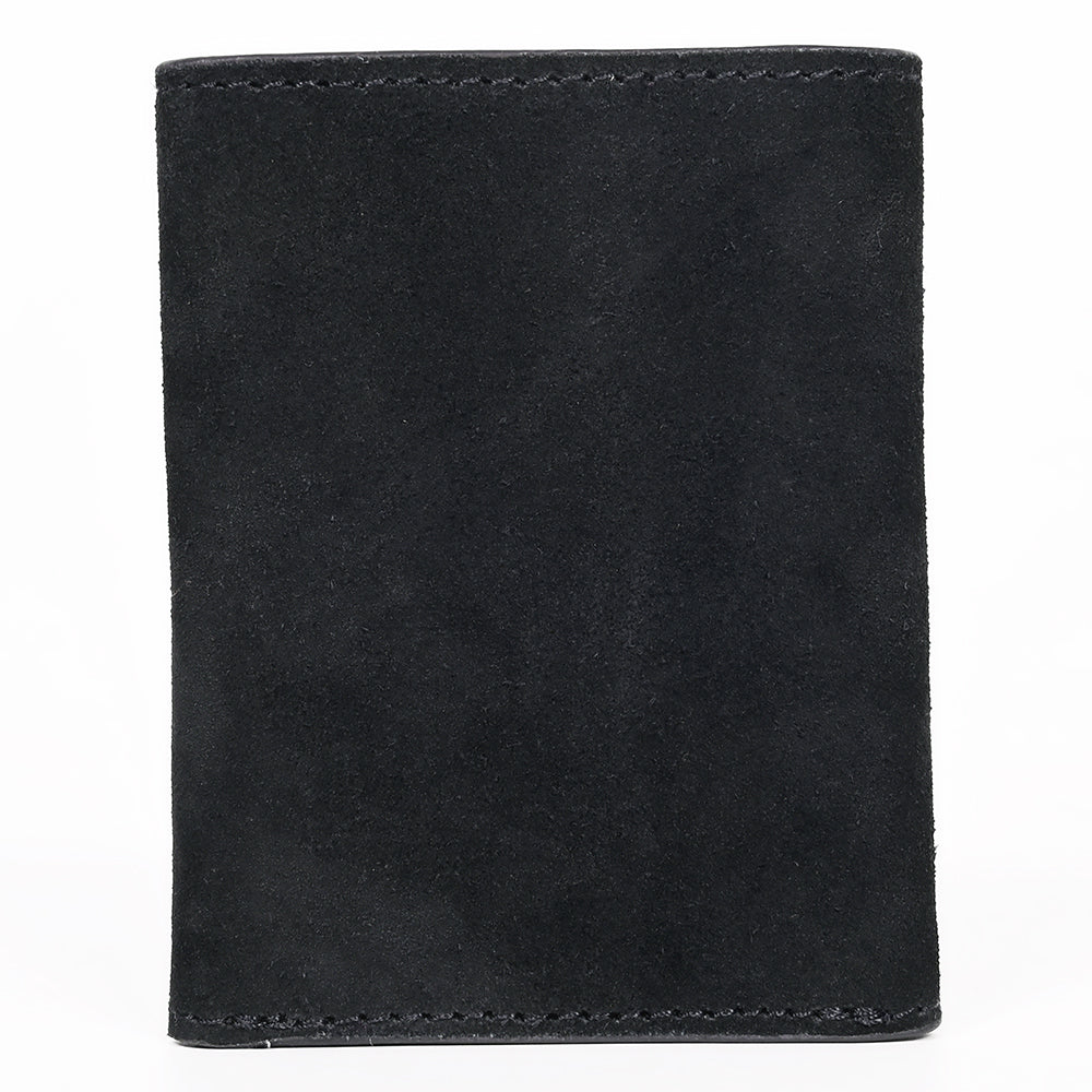 ADBGZ920A Black Genuine suede Leather Trifold Wallet with White Embroidered Stitch Detail