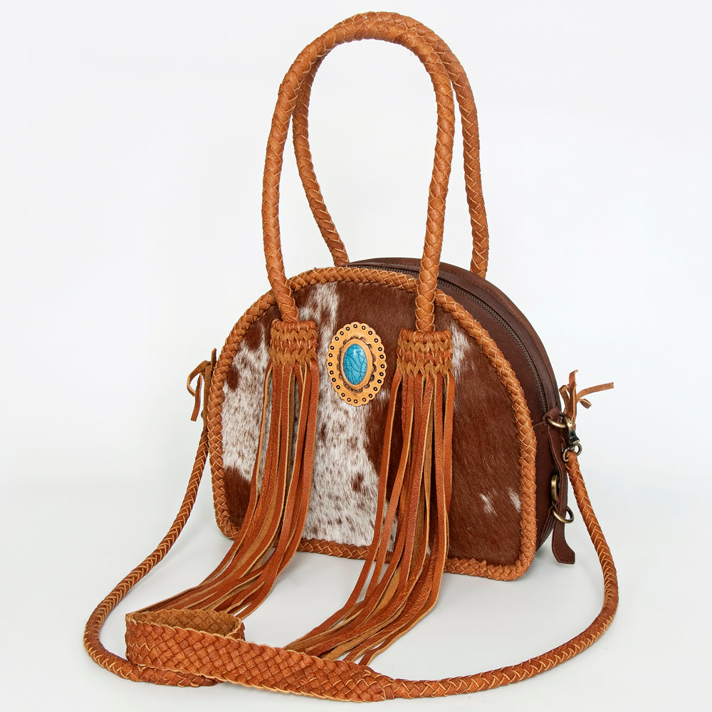 LC-ADBGD162B Round Hair-On Cowhide Leather Western Tote Bag with Turquoise Concho & Braided Fringe