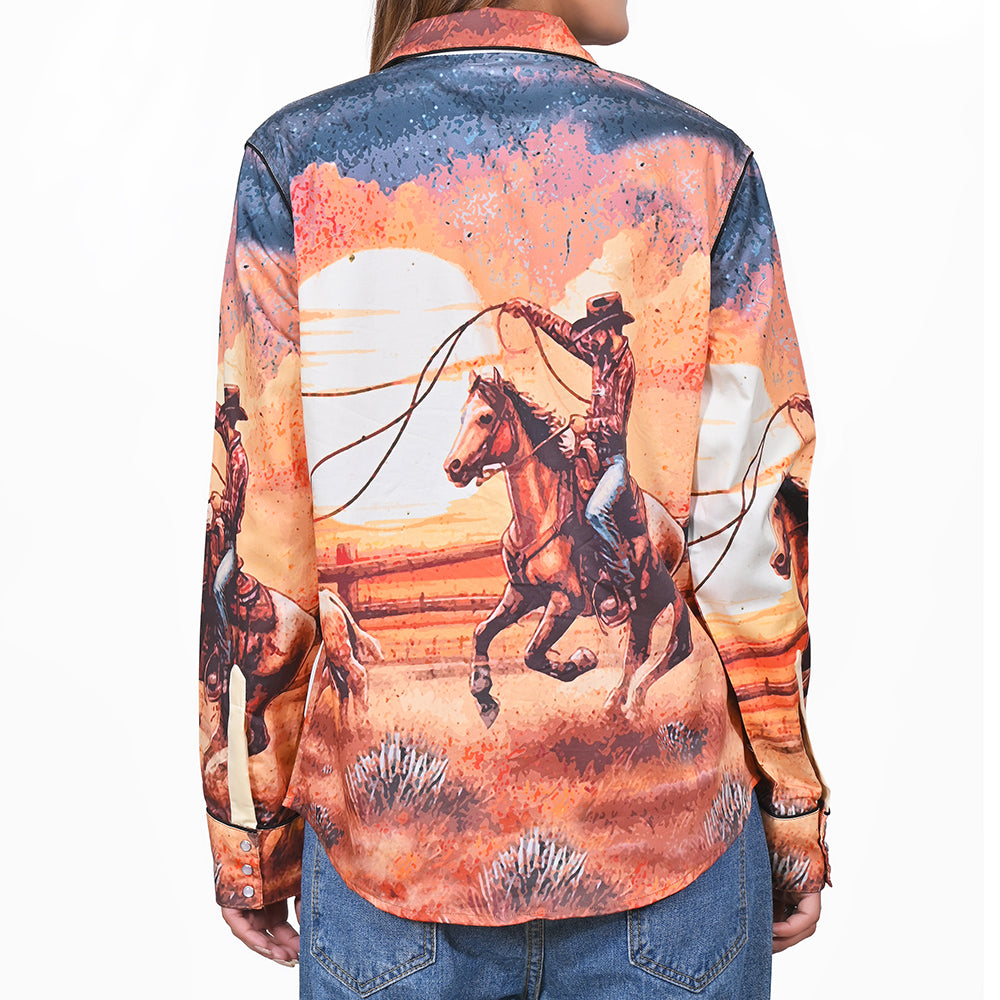 ADSH084 American Darling 100% Satin Cotton Western Rodeo Print Button Down Shirt