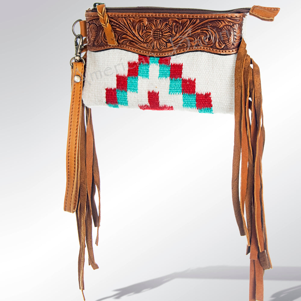 LC-ADBGZ233 Tooled Leather & Tribal Wool Wallet with Fringe - Western Clutch Bag