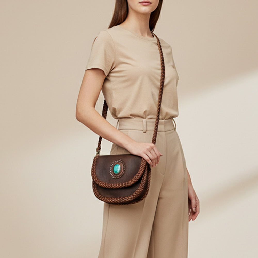 ADBGM338 Braided Leather Crossbody Bag with Stone Accent and Flap Closure