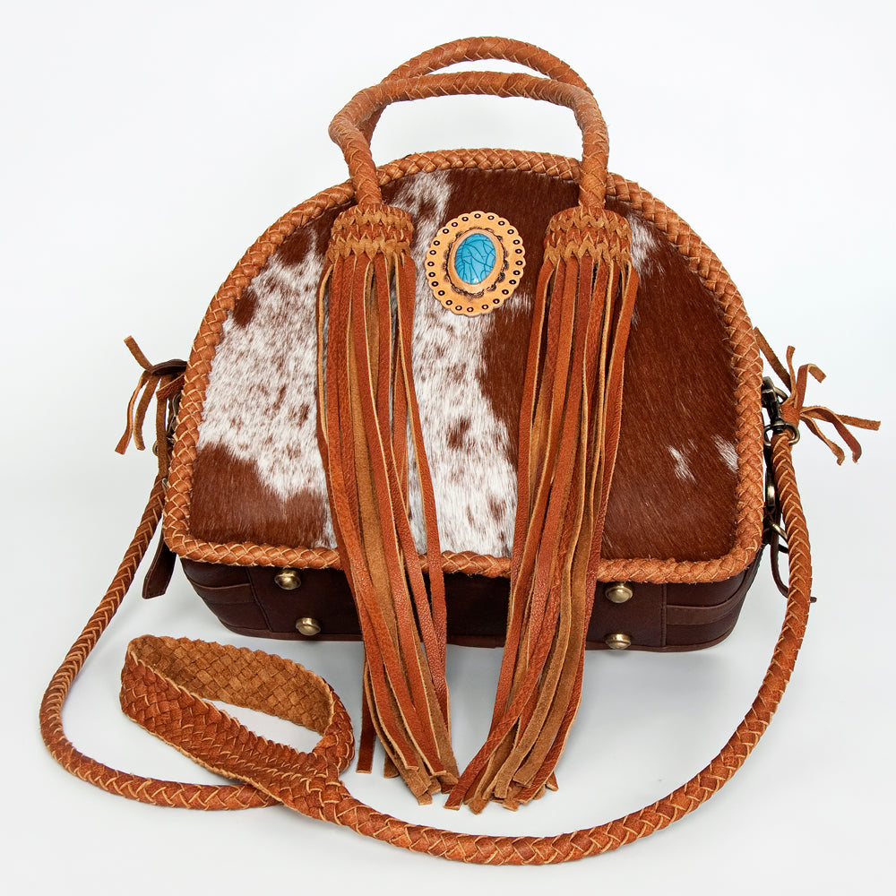 LC-ADBGD162B Round Hair-On Cowhide Leather Western Tote Bag with Turquoise Concho & Braided Fringe