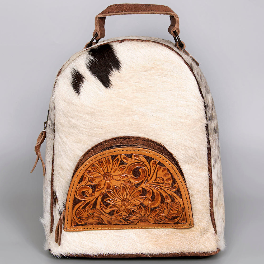 ADBGS156 Natural Cowhide Leather Backpack with Hand-Tooled Floral Pocket - Western Style