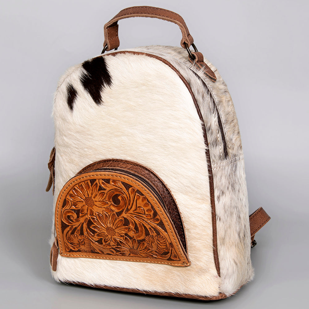ADBGS156 Natural Cowhide Leather Backpack with Hand-Tooled Floral Pocket - Western Style