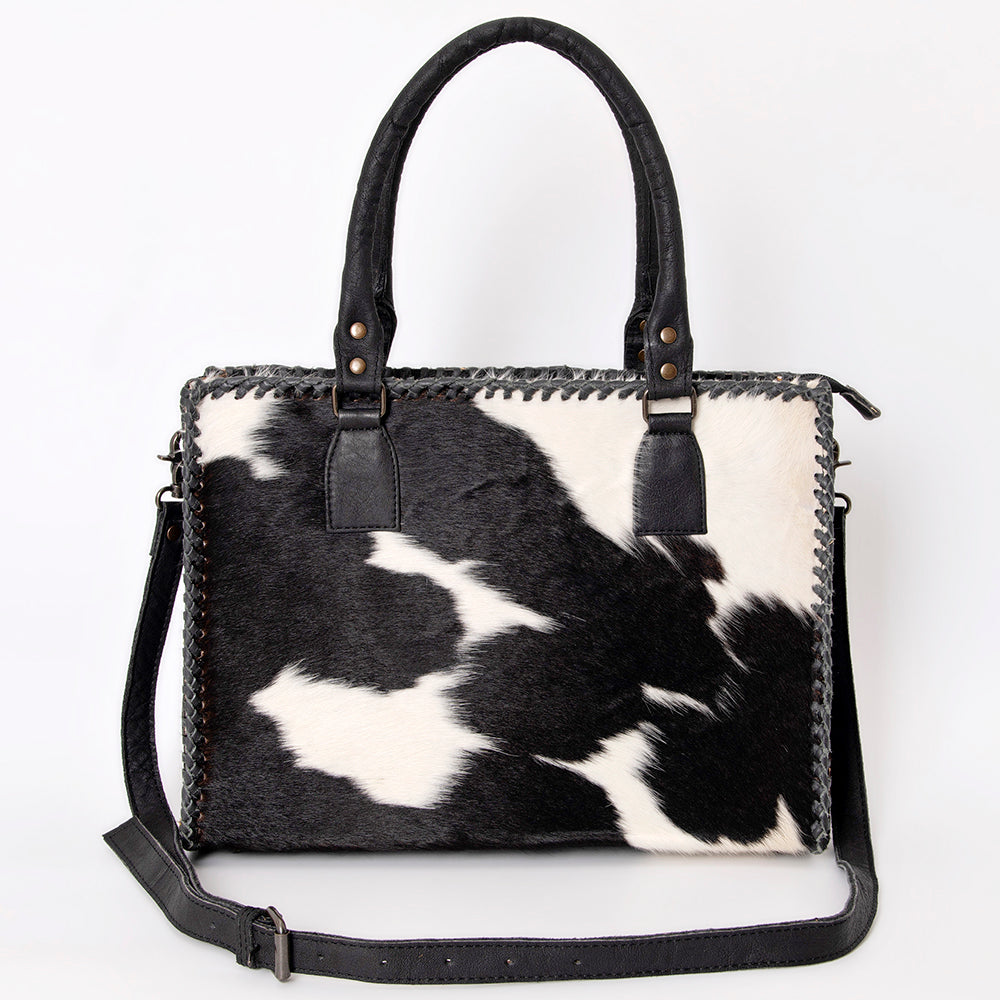 ADBGS118 Western Cowhide Tote -Hair-On Leather Bag with Braided Whipstitch & Strap