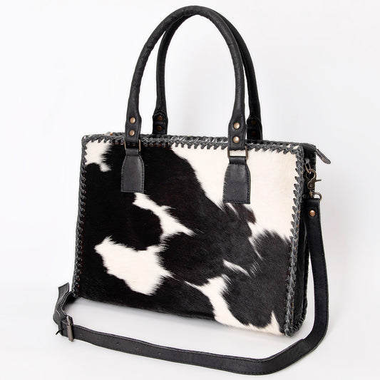 ADBGS118 Western Cowhide Tote -Hair-On Leather Bag with Braided Whipstitch & Strap