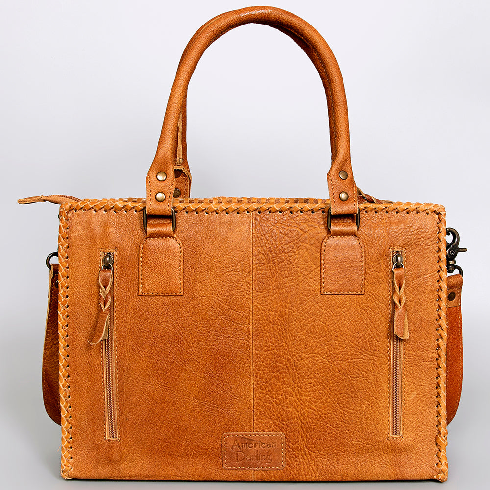 ADBGS118 Western Cowhide Tote -Hair-On Leather Bag with Braided Whipstitch & Strap