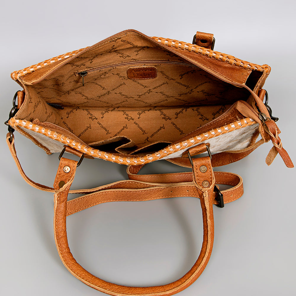 ADBGS118 Western Cowhide Tote -Hair-On Leather Bag with Braided Whipstitch & Strap