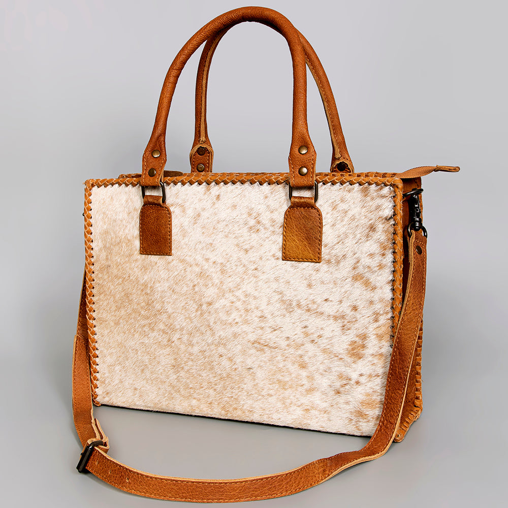 ADBGS118 Western Cowhide Tote -Hair-On Leather Bag with Braided Whipstitch & Strap